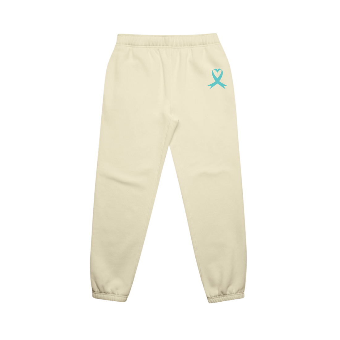 Beige sweatpants with a blue ribbon symbol on a white background