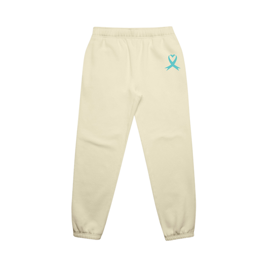 Beige sweatpants with a blue ribbon symbol on a white background
