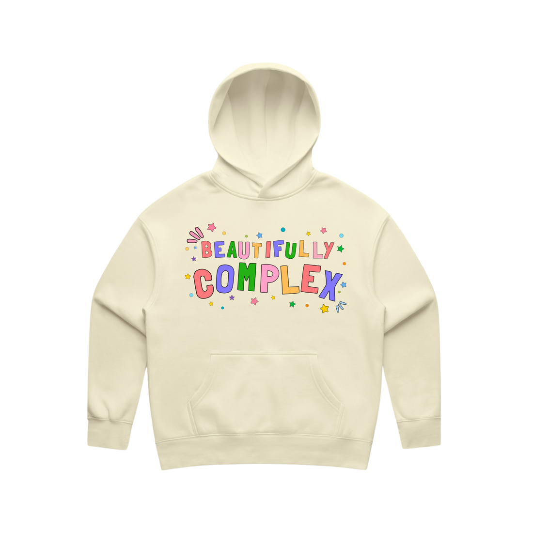 Beige hoodie with 'Beautifully Complex' text on a white background