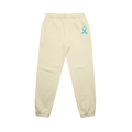 Beige sweatpants with a blue ribbon symbol on a white background
