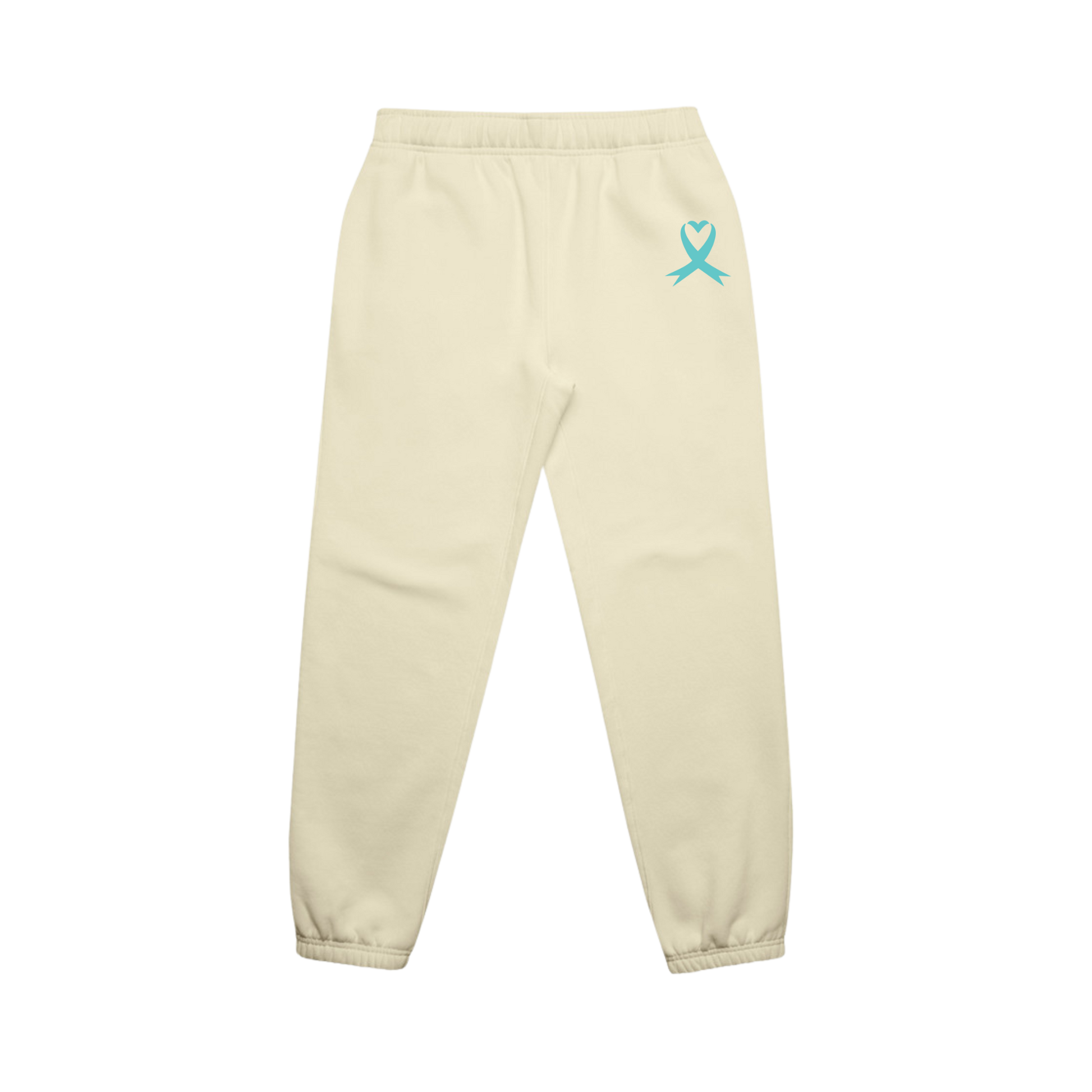 Beige sweatpants with a blue ribbon symbol on a white background