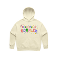 Beige hoodie with 'Beautifully Complex' text on a white background