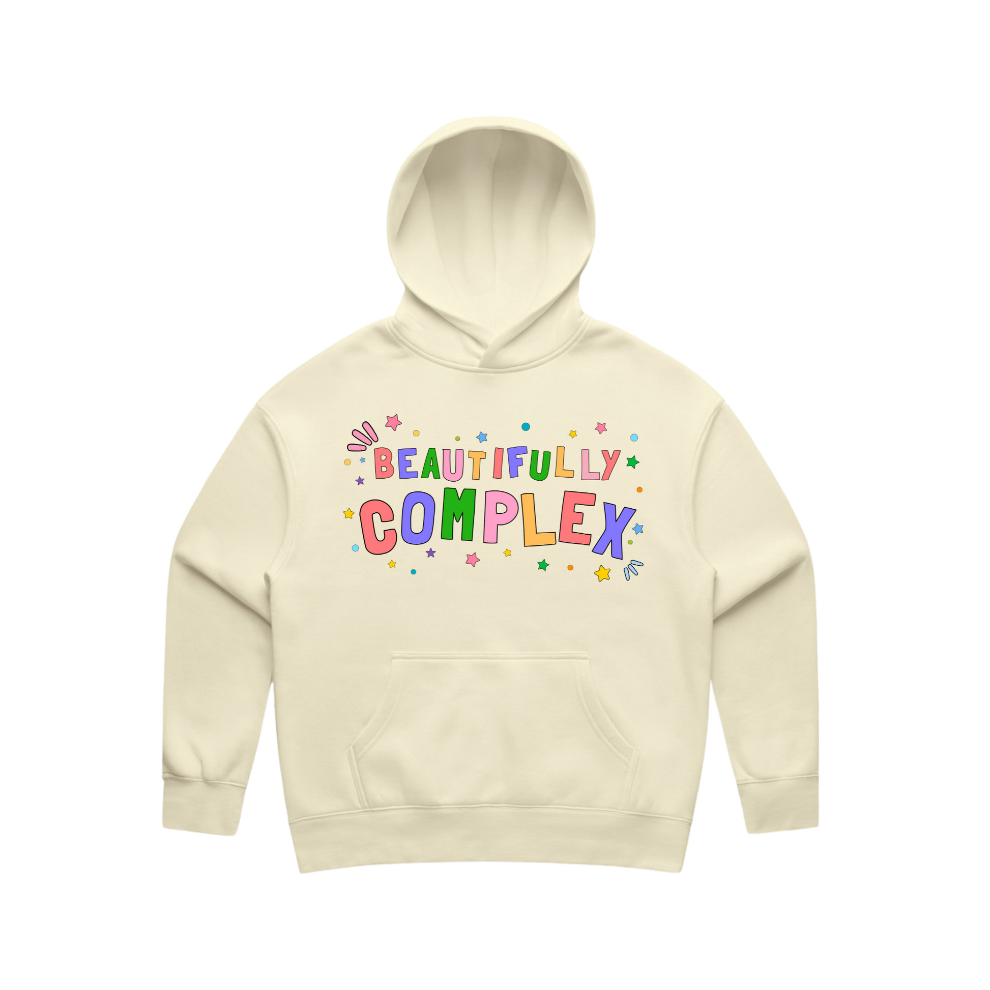 Beige hoodie with 'Beautifully Complex' text on a white background
